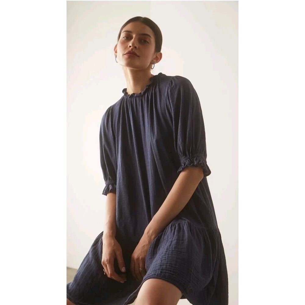 Velvet Graham Turi Dress Womens Medium 100% Linen Tiered Oversized Black Euc